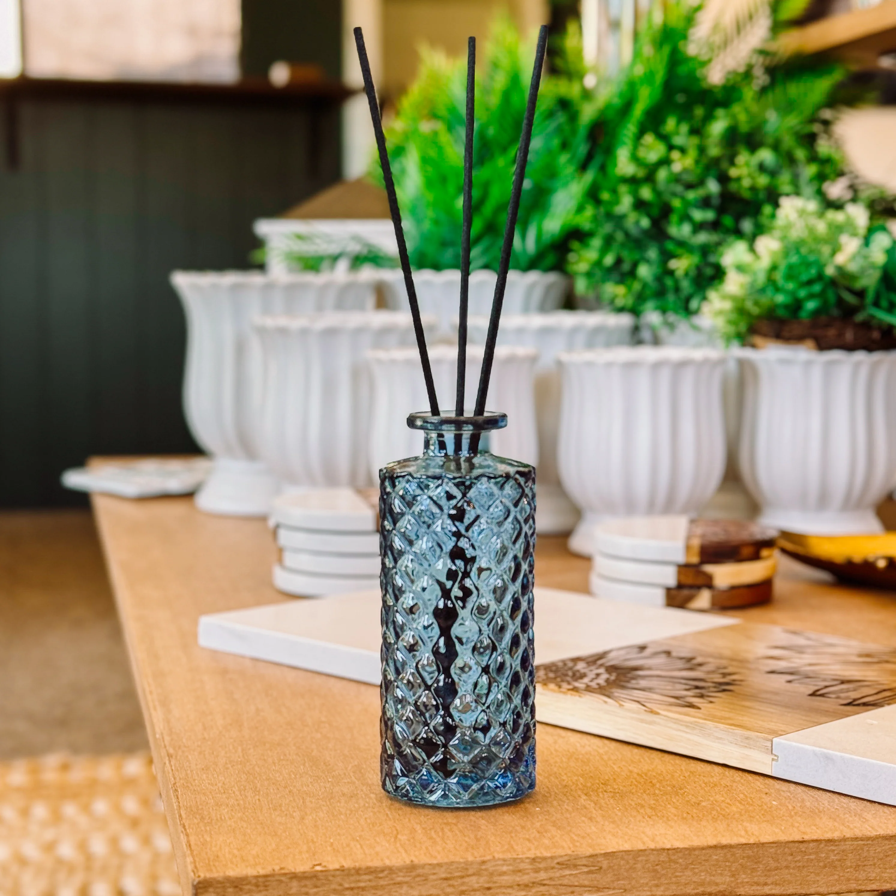 Exceptional Clear Slate Blue Glass Tall Diamond Reed Diffuser Vase Eco-Friendly