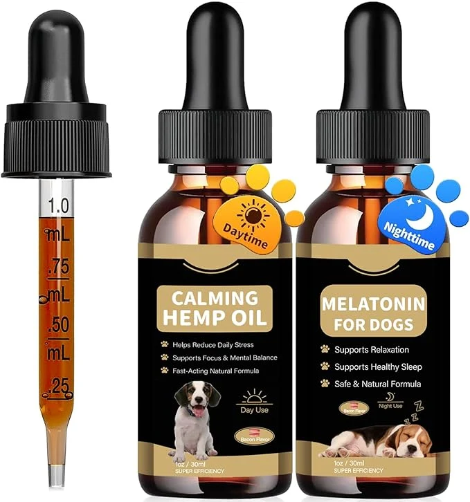 Enhanced Hemp Oil Melatonin for Dogs Day Night Calming Drops Support Set Helps with Anxiety Stress Aggression Separation Relaxation Sleep AidAbout This Smart