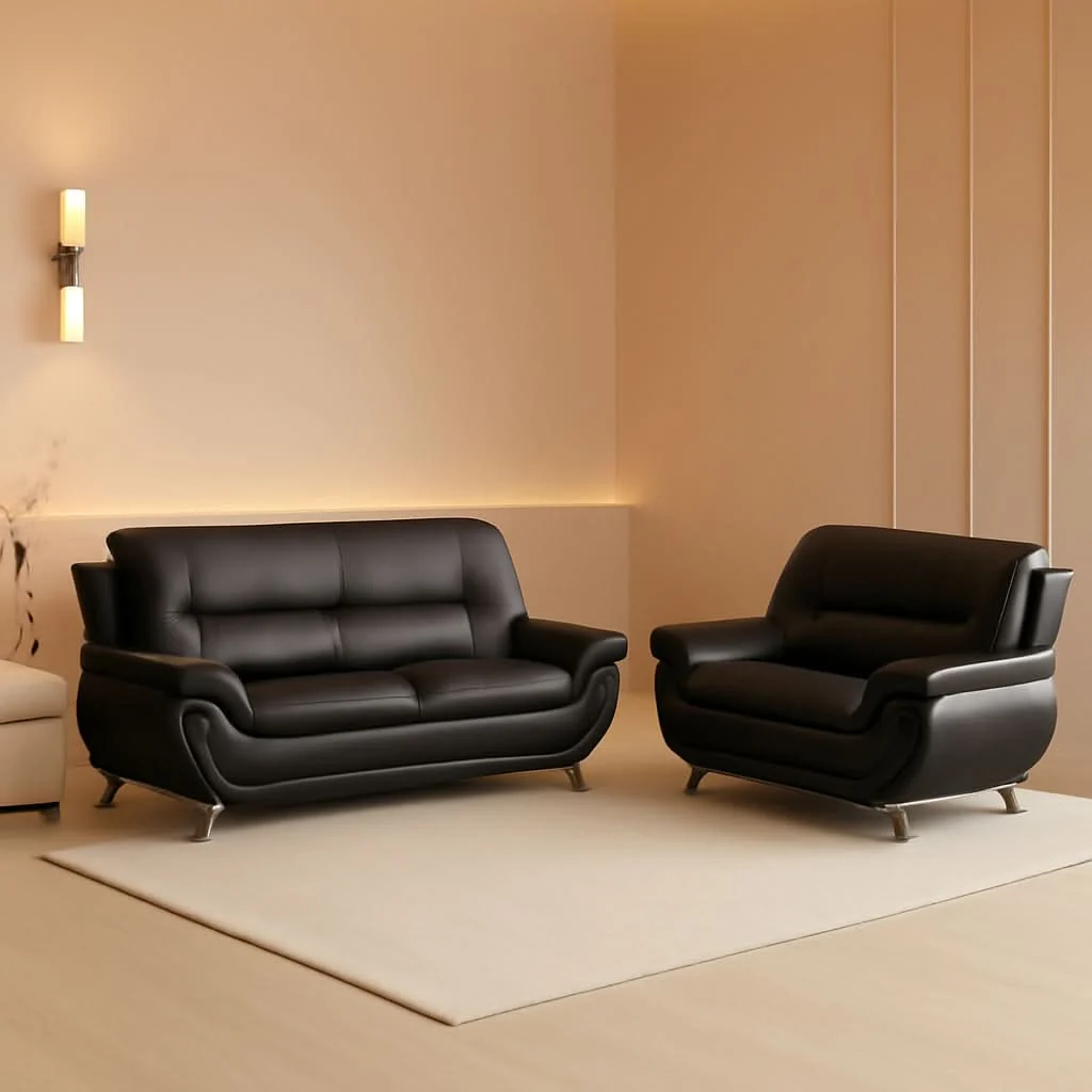 Detailed Black 5 Seat Faux Leather Sectional Sofa Set For Living Room Fine Crafted