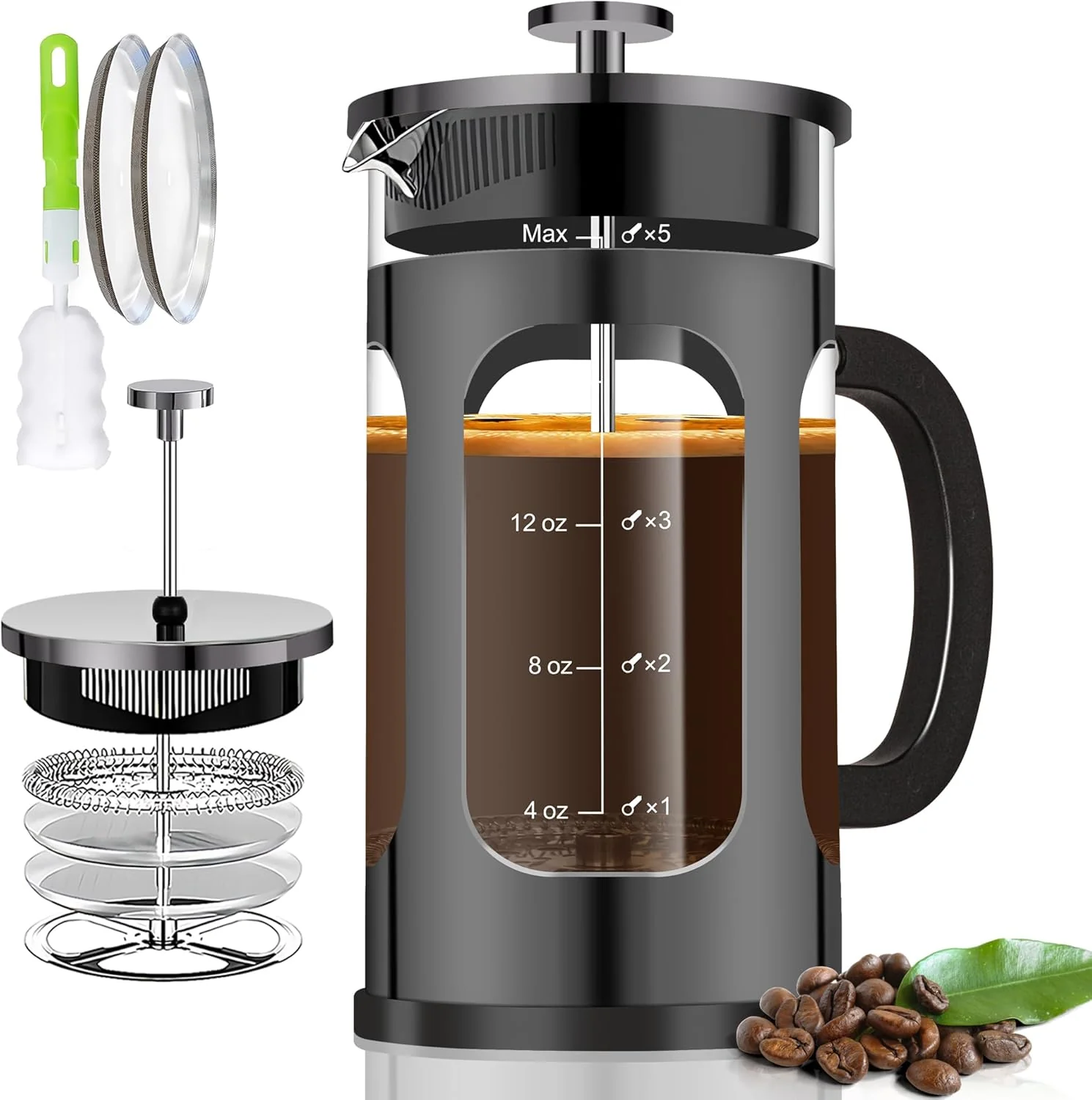 Specialty French Press Coffee Maker 21oz 600ML 3-4Cup Coffee Press with 4 Filters System Heat Resistant Thickness Borosilicate Glass Sophisticated