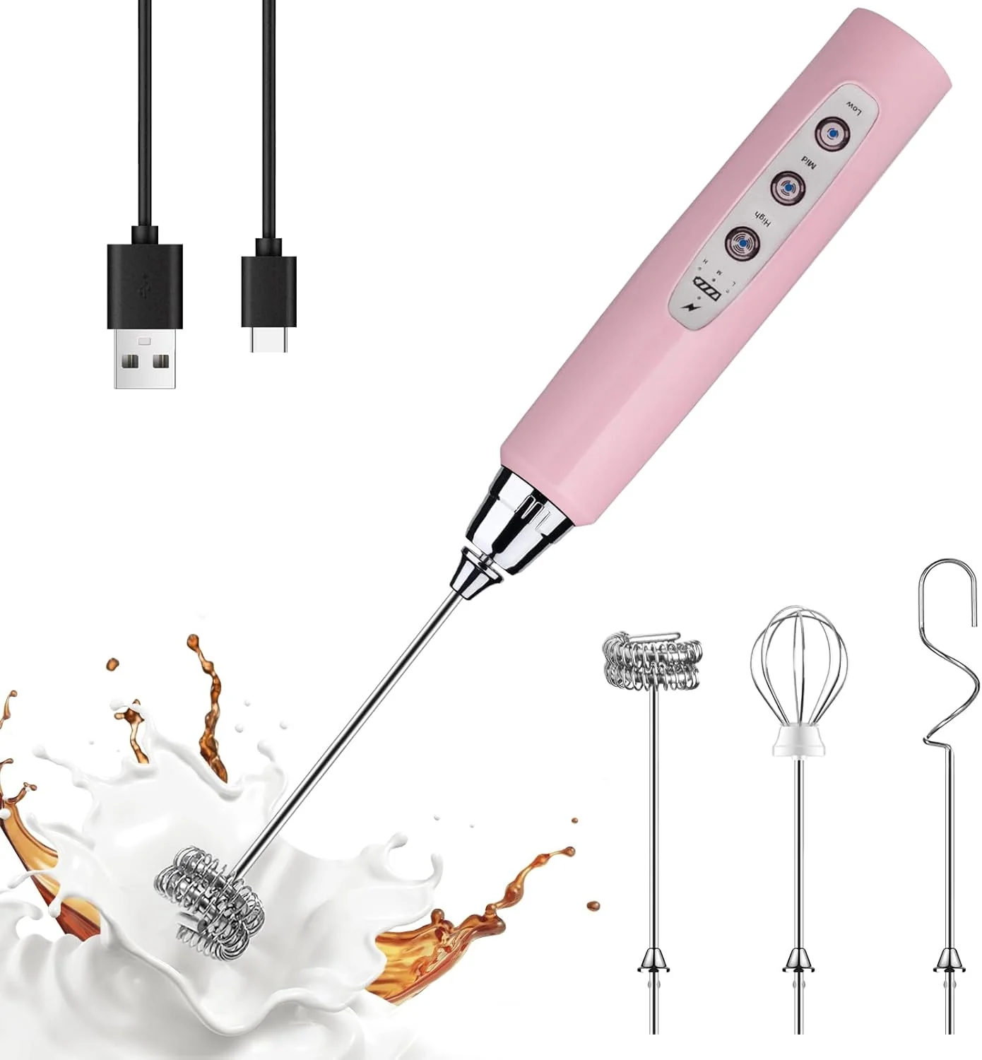 Organic Yuswko Pink Milk Frother Handheld with 3 Heads Coffee Whisk Drink Foam Mixer with USB Rechargeable 3 Speeds Electric Hand Frother for Latte Advanced