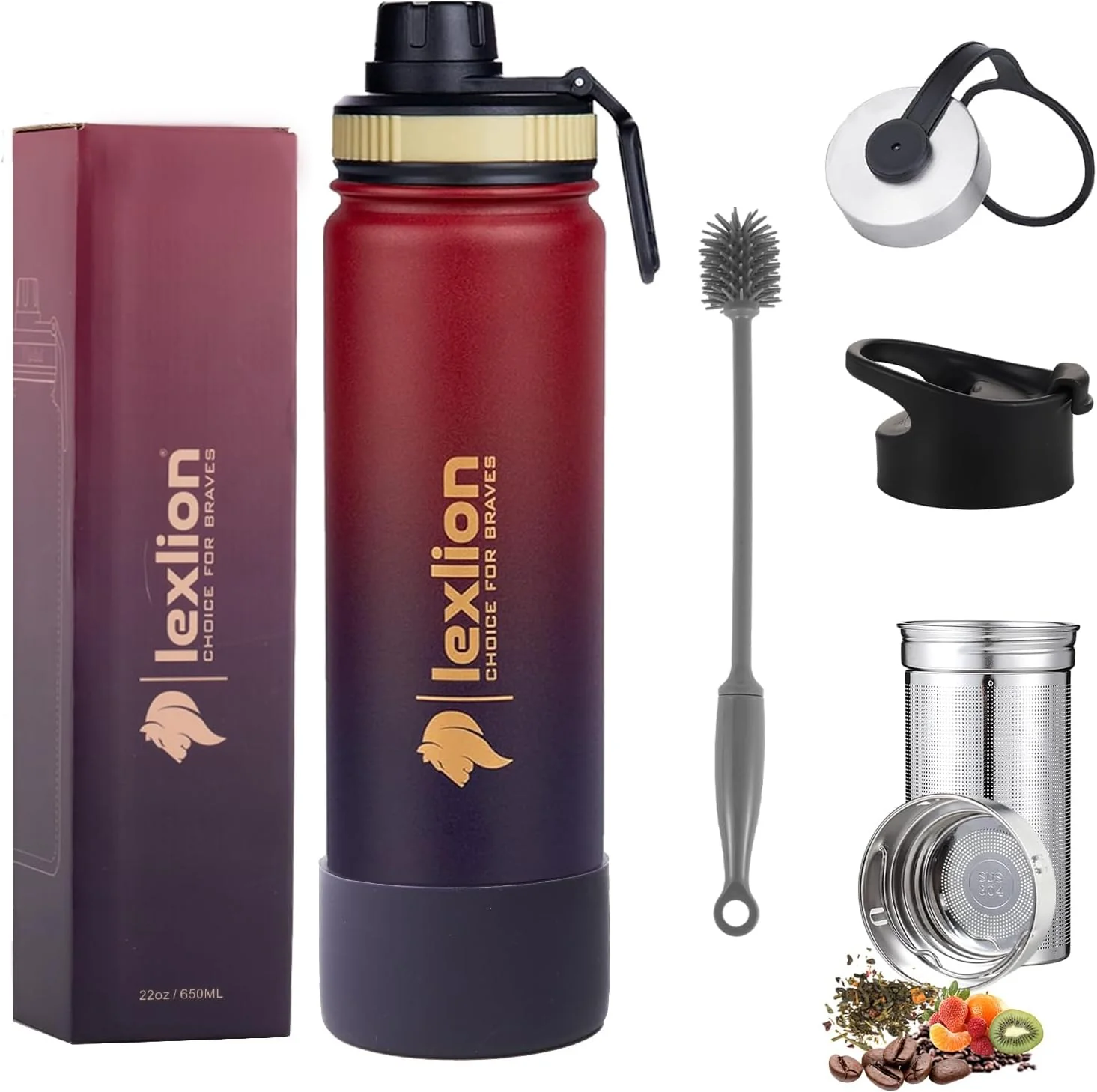 Safe Lexlion 22 Oz Fruit Infuser Water Bottle – Triple Walled Insulated Stainless Steel Thermal Leaf Infuser Silicone Sleeve 3 Leakproof Lids Classic