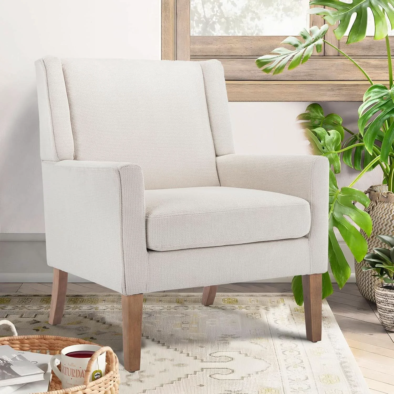 Comfortable Beige Wingback Chairs With Wood Legs For Living Room Traditional