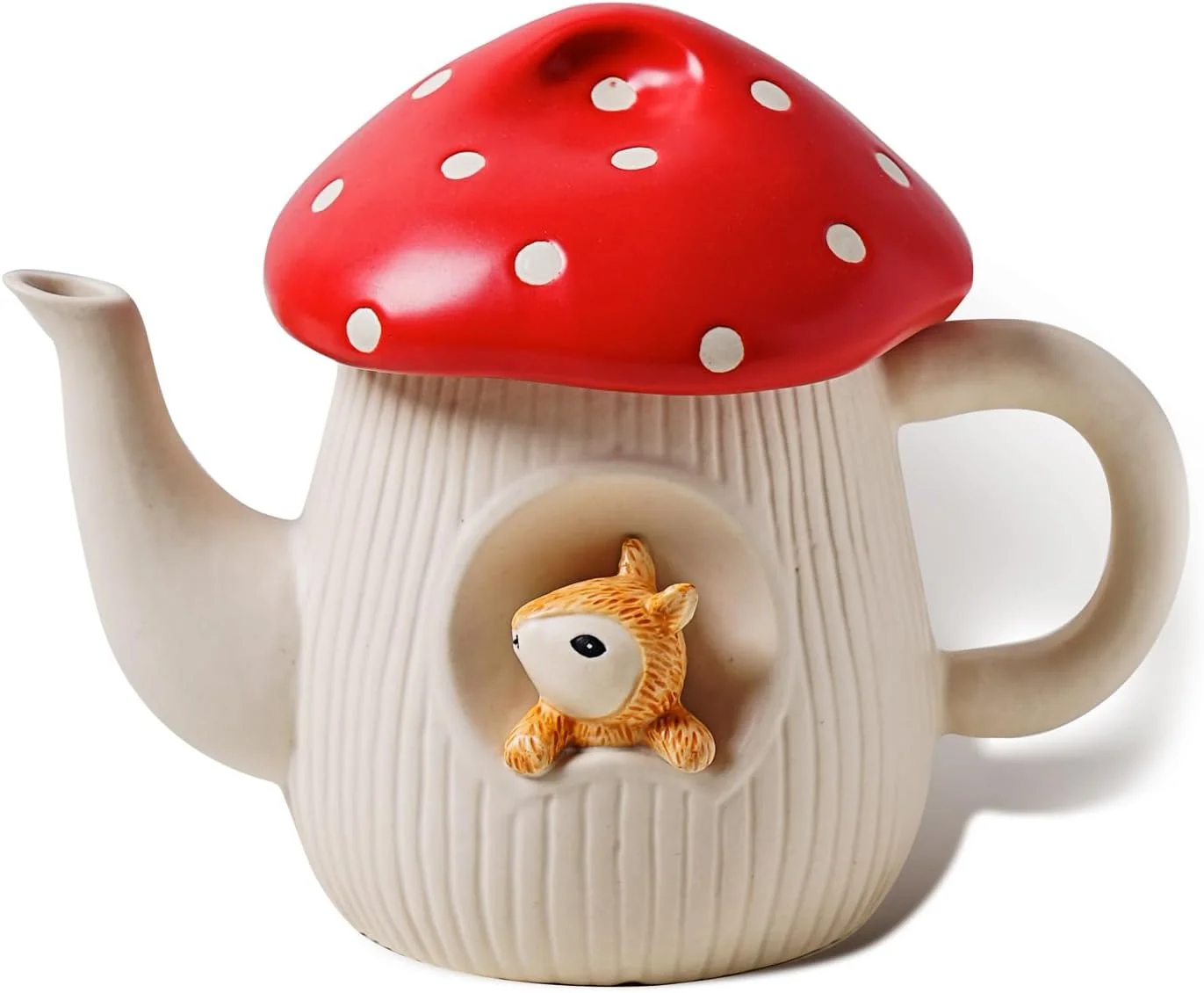 Efficient Cute Mushroom Teapot Handmade Glaze Polka Dot Lid Safety Matt Ceramic Tea Pot With squirrel decoration. 23 oz 680 ml Traditional