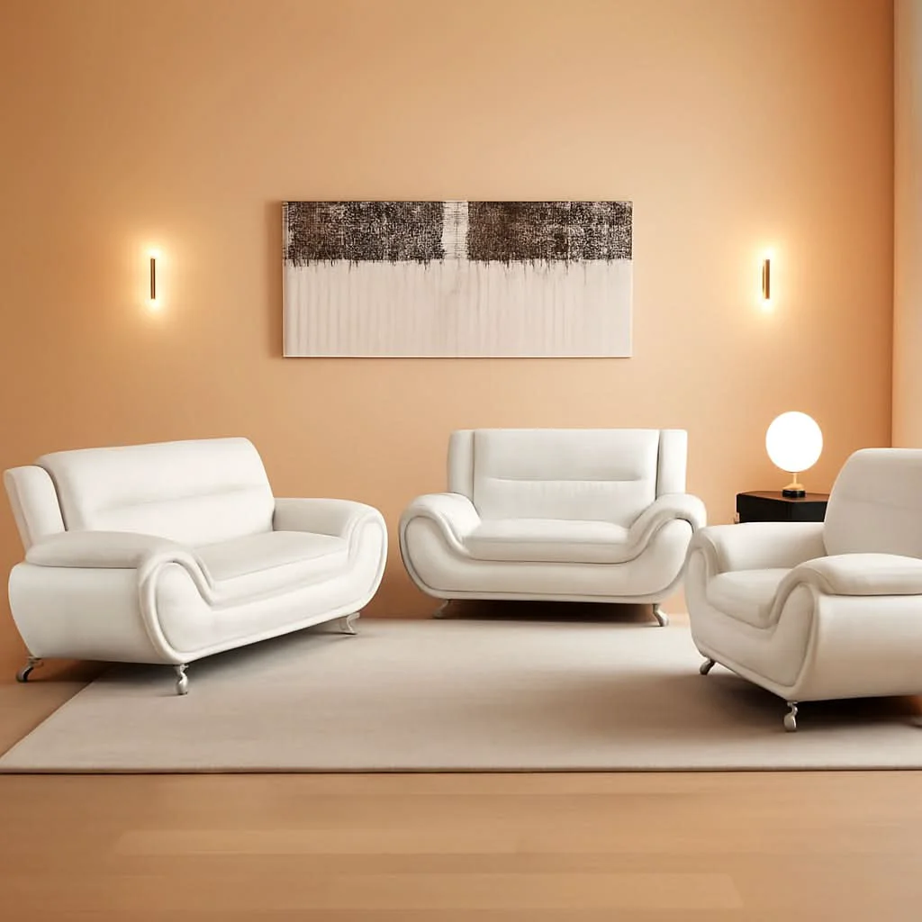 Official Leather 3 Piece Living Room Set Cream White With 3 Seater Sofa Lovesea Sustainable
