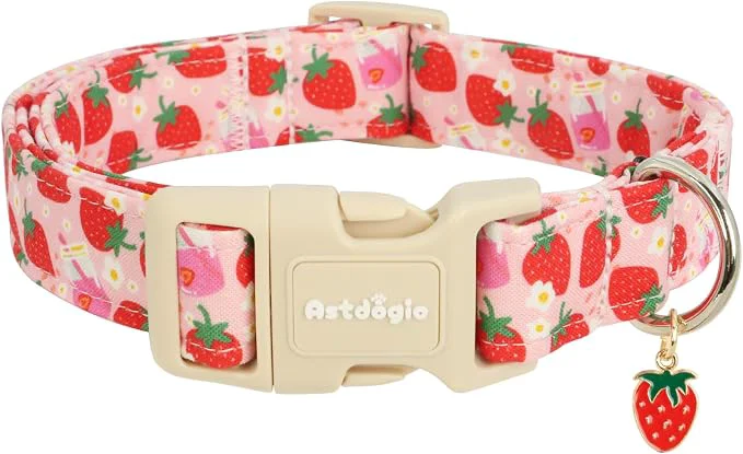 Breathable Strawberry Dog Collar Cute Pink Dog Collars Powerful