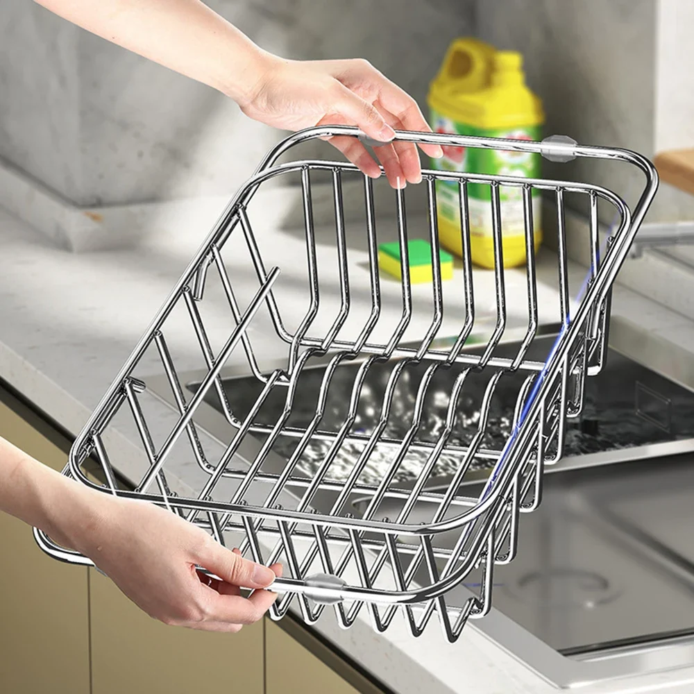 Clean Pact Telescopic Sink Drain Rack – Stainless Steel Over-Sink Dish Drying Draining Basket Adjustable Non-Slip Flexible
