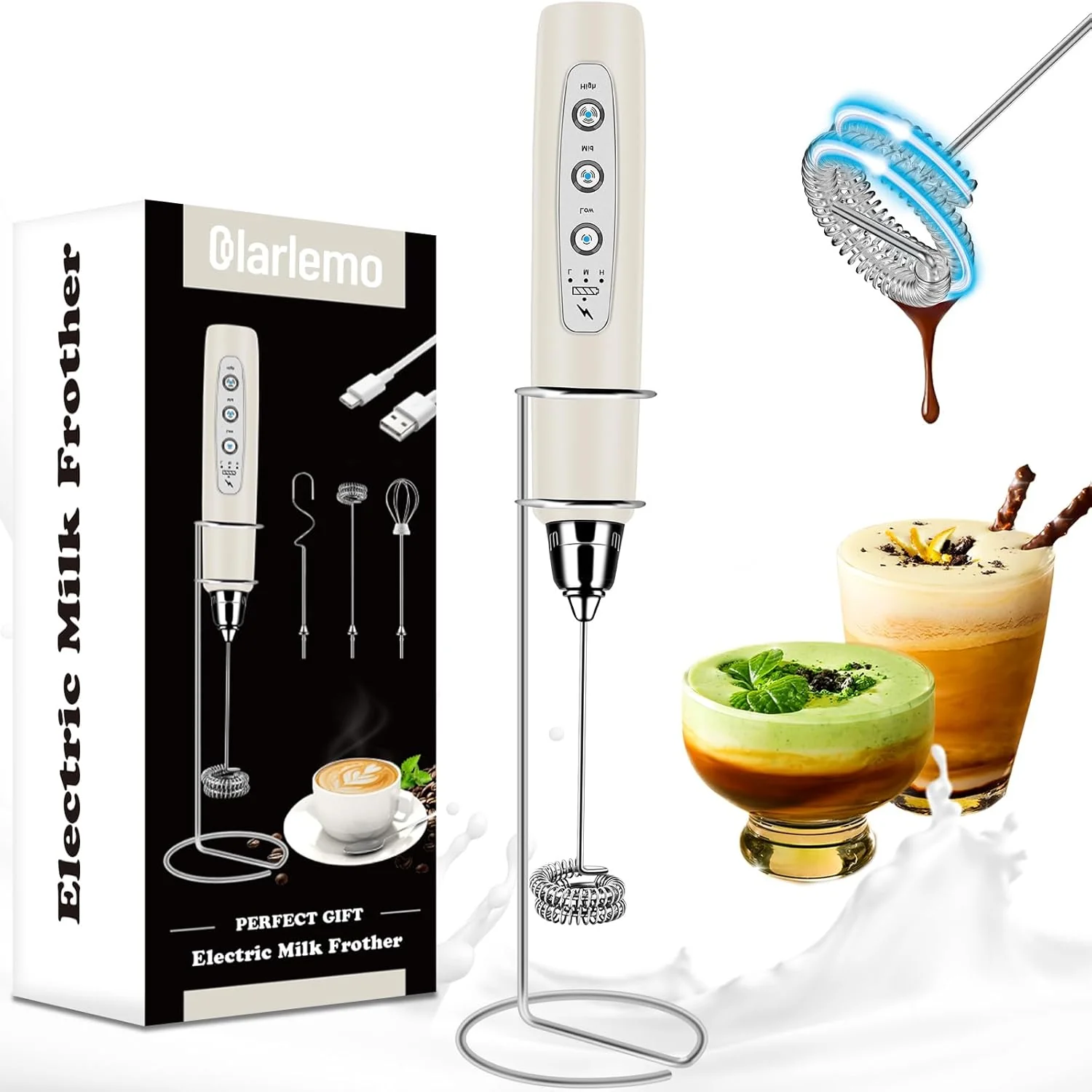 Dependable Milk Frother Handheld Rechargeable with Stand Frother Wand Drink Mixer Electric Whisk for Coffee Detachable With 3 Stainless Whisks Selected