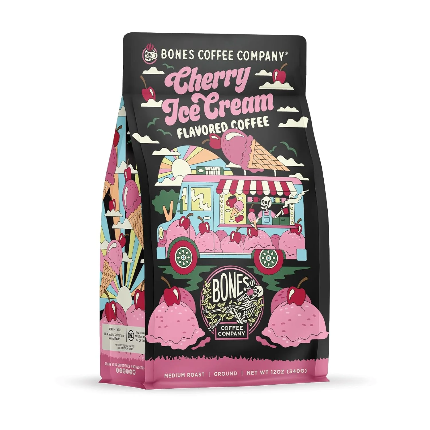 Breathable Bones Coffee Company Cherry Ice Cream Flavored Coffee Medium Roast Low Acid Arabica Beans Compatible with Auto drip and French Press Coffee Maker 12 Oz Ground Reliable
