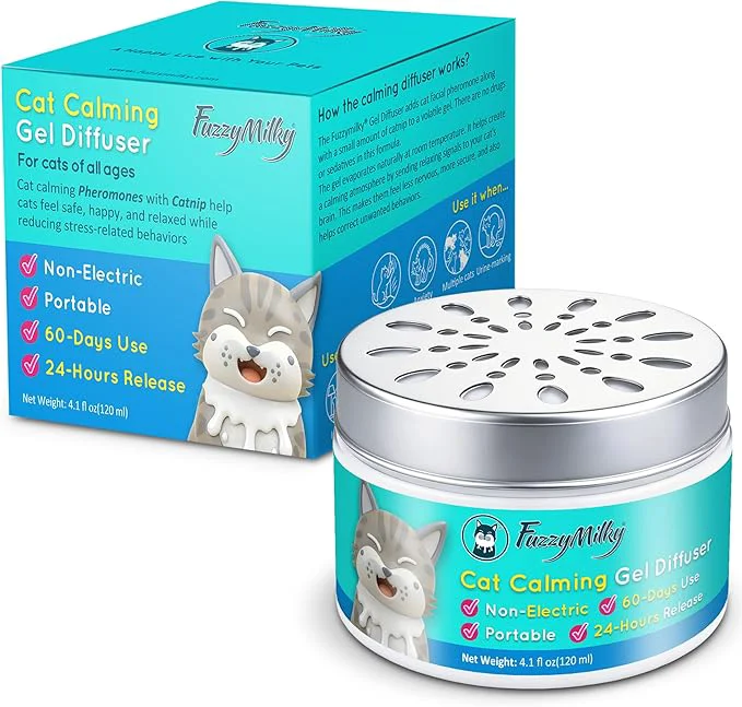 Solid Cat Pheromone Calming Diffuser Gel Fuzzymilky Unplugged Cordless Cat Calming Anxiety Relief Lasting 2 Months Adjustable for Home Car Travel Scratching Urine Marking 120 ml 4.1 fl oz SymFloral About This Minimalist