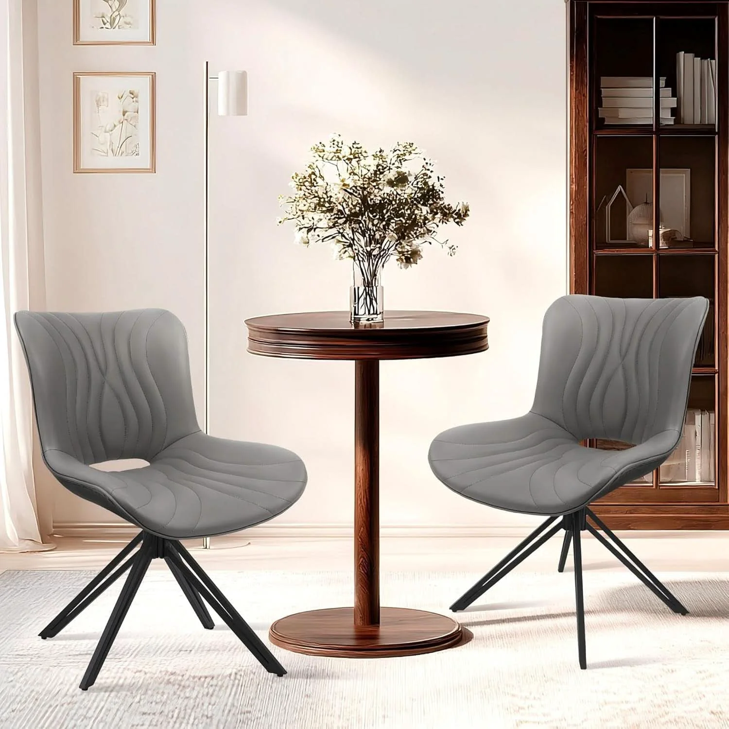 Unique Grey Upholstered 360 Swivel Dining Chairs TwinPack Practical
