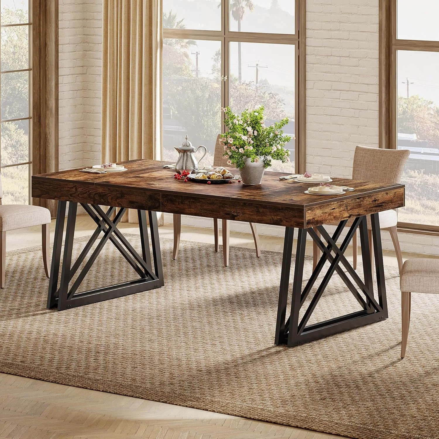 Pure Industrial Style Brown Farmhouse Dining Table Metal Legs Minimalist