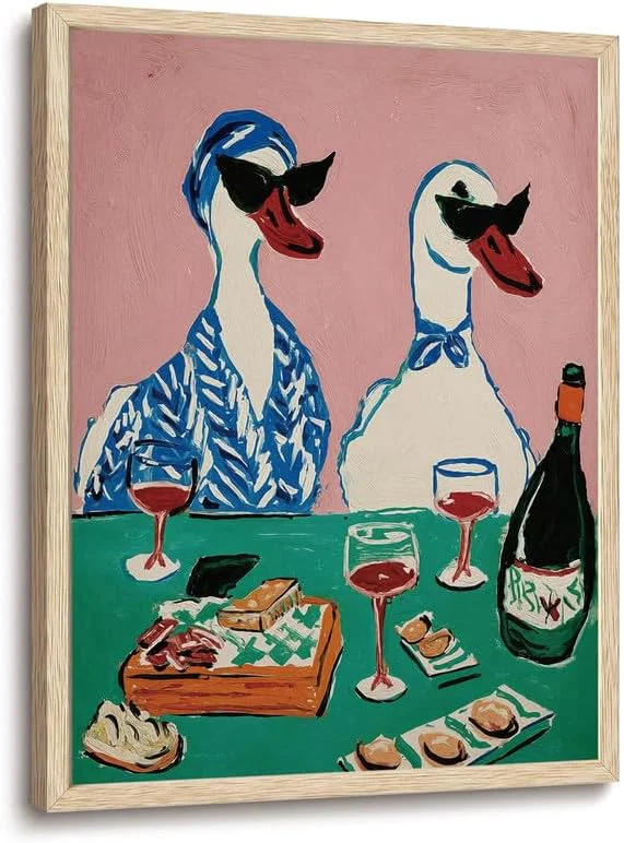Official XJYISUO Framed Wall Art Duck Wall Decor Animal Canvas Art Wine Party Pictures Retro Paintings Funny Artwork For Kitchen Dining Room BarAbout This Selected