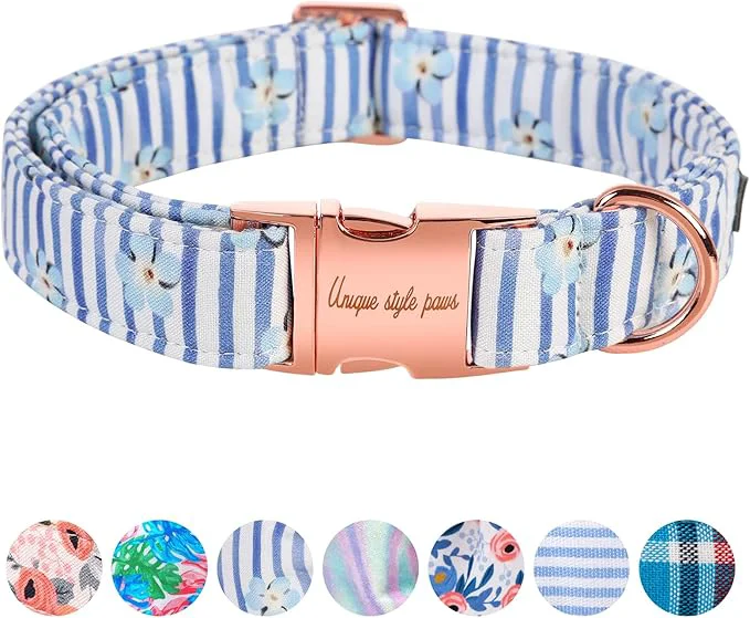 Expertly Made Unique style paws Dog Collar Metal Buckle Blue Striped Flower Collar Gift Smart