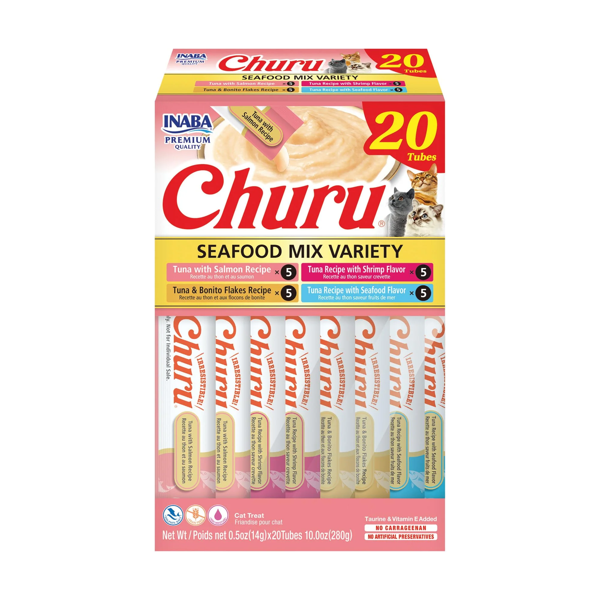 Traditional INABA Churu Cat Treats – Grain- Lickable Purée Topper Seafood Variety Box 20 Tubes Expertly Made