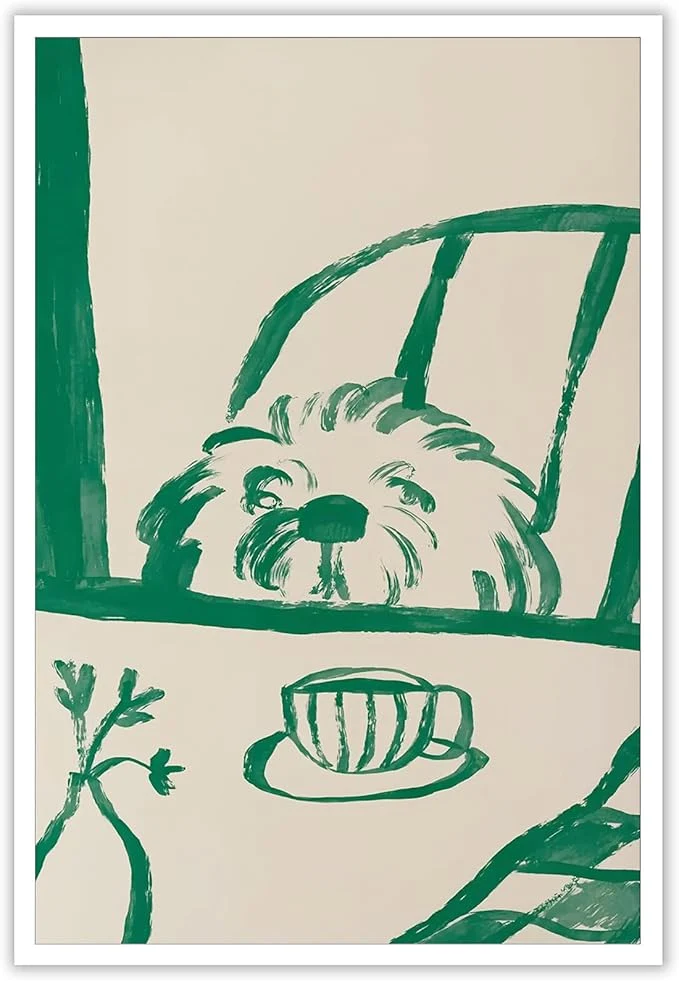 Comfortable Funny Sneaky Dog Poster Abstract Coffee Breakfast Canvas Wall Art Modern Minimalist Animal Sketch Artwork Prints Painting For Living Room Kitchen Dining Room Wall Decor 12x16in UnframedAbout This Powerful