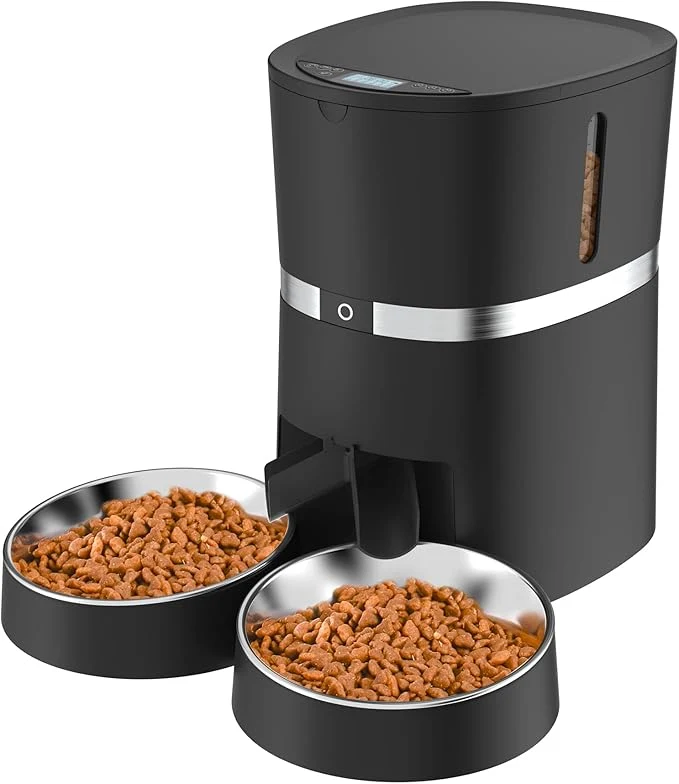 Long-Lasting Automatic Cat Feeder WellToBe Pet Feeder Food Dispenser for Cat Small Dog with Two-Way Splitter and Double Bowls up to 6 Meals with Portion Control Voice Recorder – Battery and Plug-in PowerAbout ThisOverview Elegant