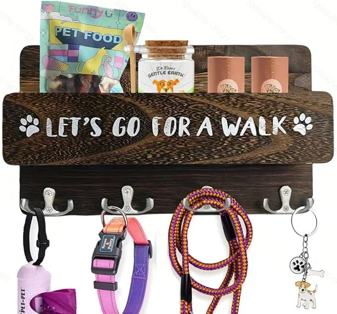 Durable Wood Dog Leash Holder for Wall Key Hangers with 4 Double Key Hooks Dog Leash Hanger Wall Mounted for Entryway Farmhouse Treats 30cm BrownAbout ThisOverview Comfortable