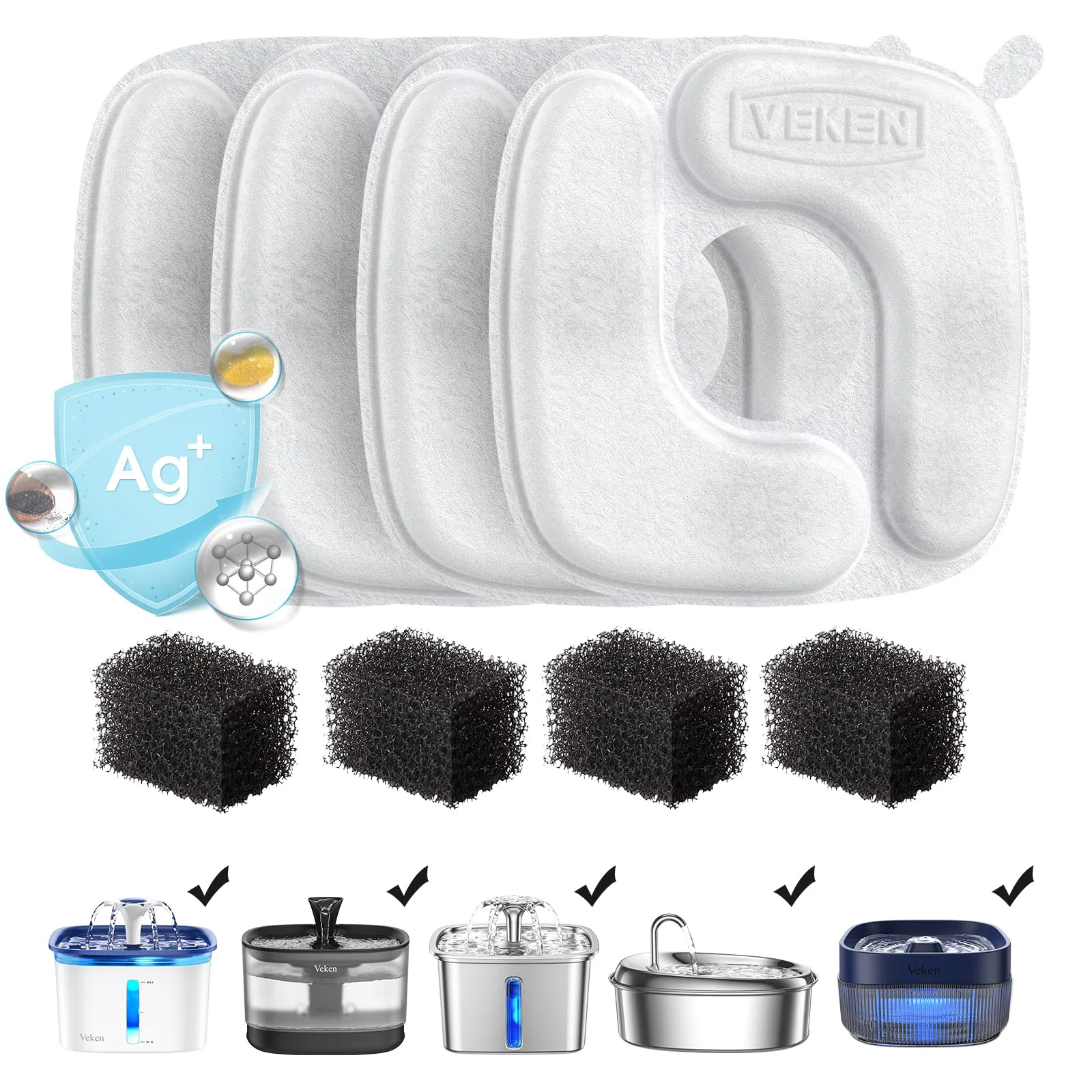 Certified Veken Cat Fountain Filters – 4-Pack Filters 4-Pack Pre-Filter Sponges for 50oz 84oz 95oz 108oz Fountains Pure