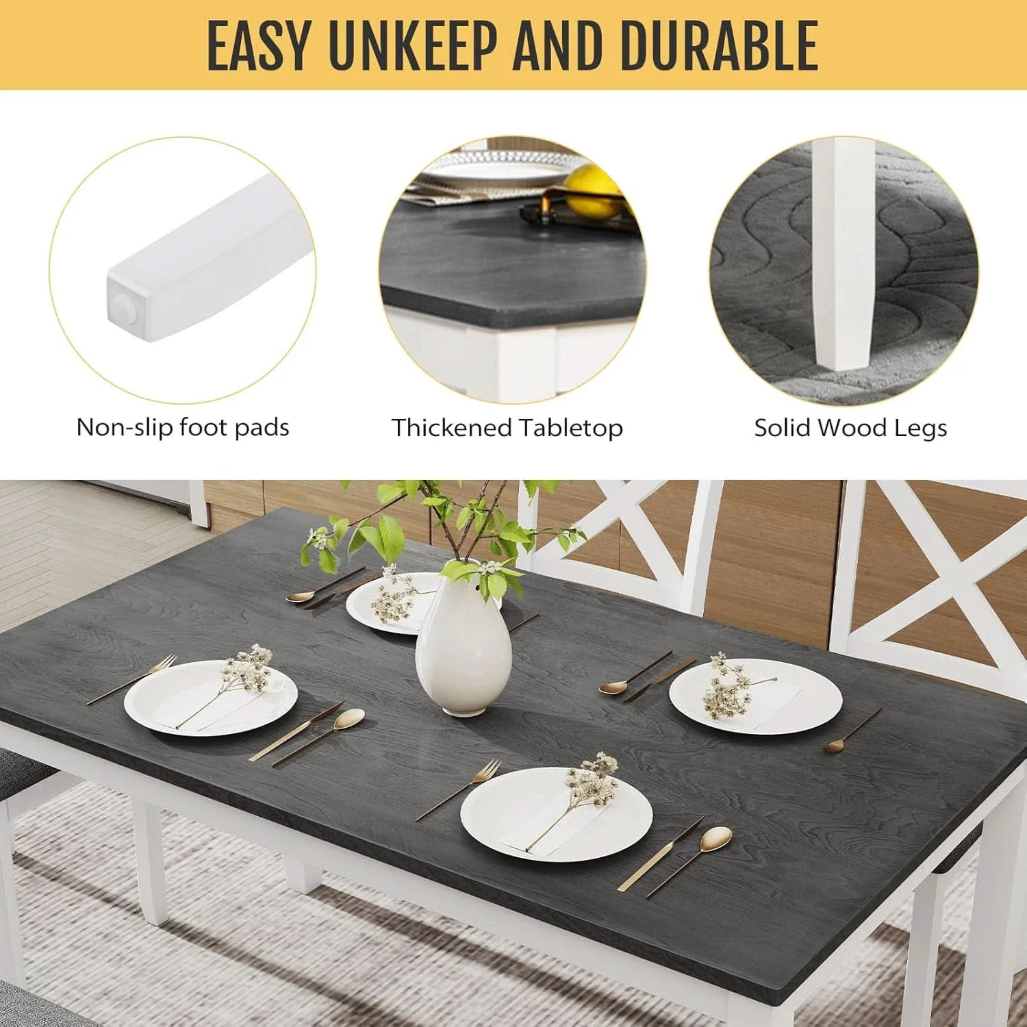 Expertly Made White Slate Grey Solid Wood Contemporary Dining Table Six Seater Luxury