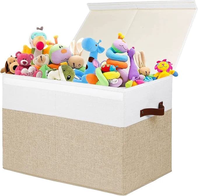 Crafted Large Toy Storage Box with Lid Sturdy Toys Storage Chest Bin Organizer Basket with Dividers for Kids Boys Girls Nursery Closet Bedroom Playroom 25 x13 x16 Beige and White About ThisOverview Responsible
