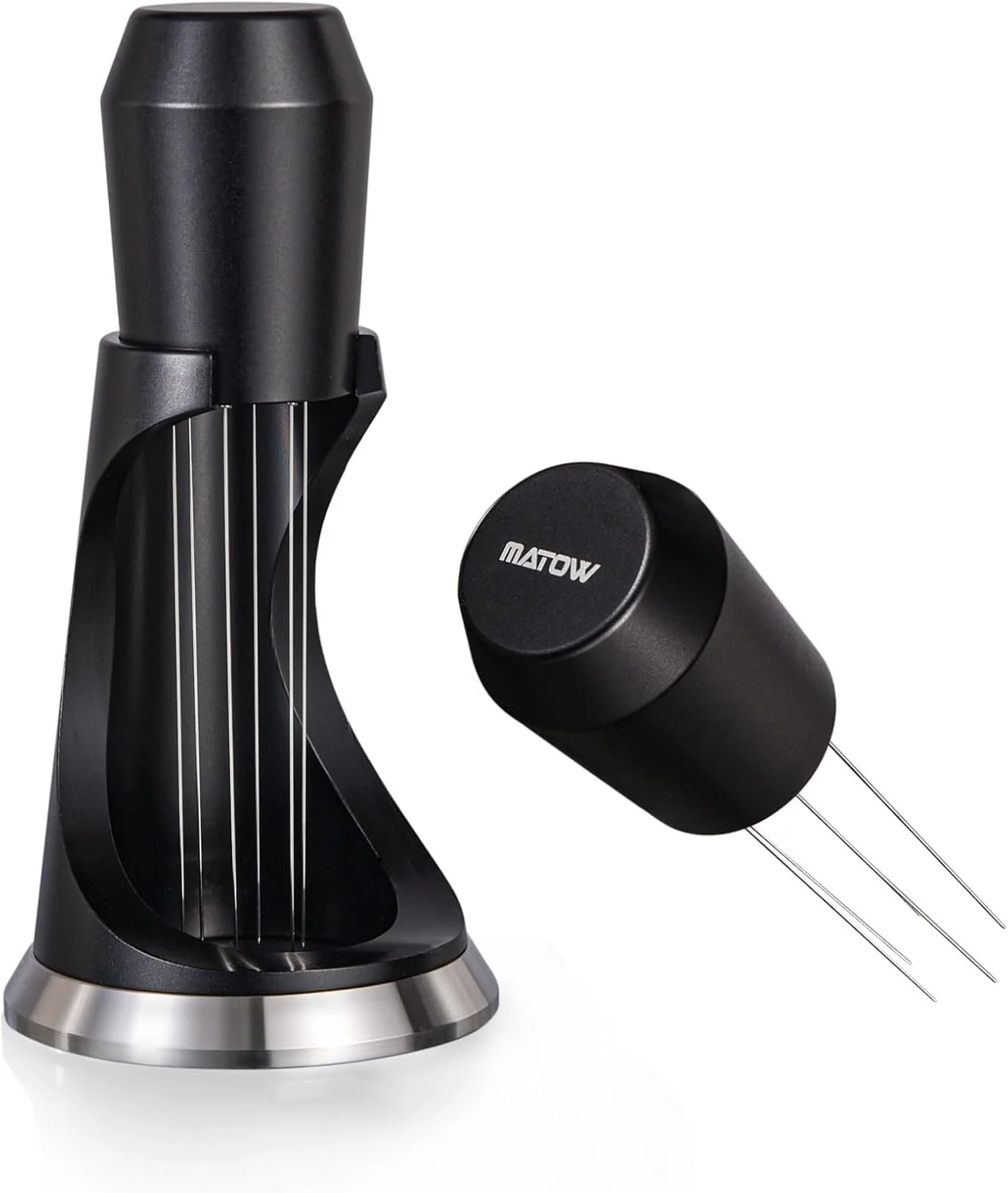 Convenient WDT Espresso Distribution Tool MATOW 6 Prongs Coffee Needle Distribution Tool with Stand – Needle Espresso Distribution Stirrer – 0.4mm Thick Wires – Anodized Aluminum Handle and Stand Smart