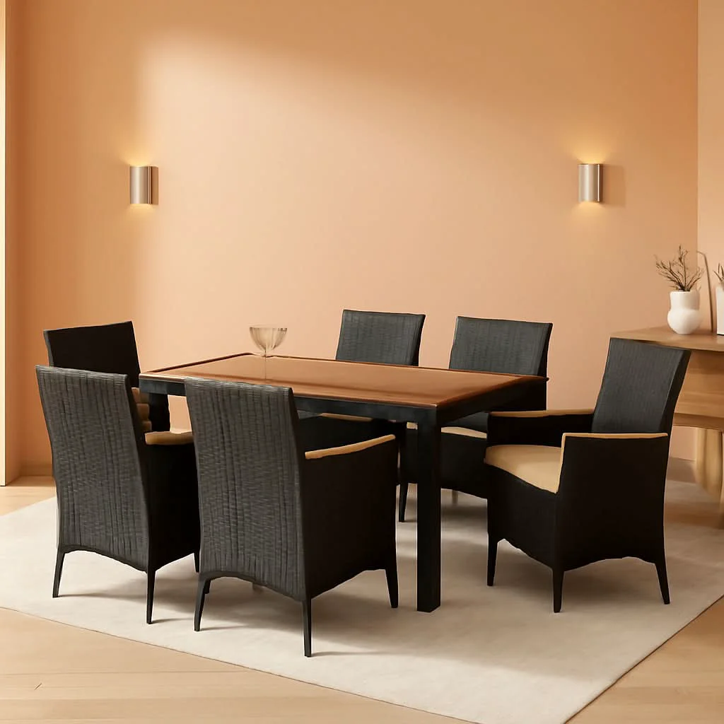 Durable 7 Piece Patio Dining Set Acacia Wood Table Black Rattan Fine Crafted
