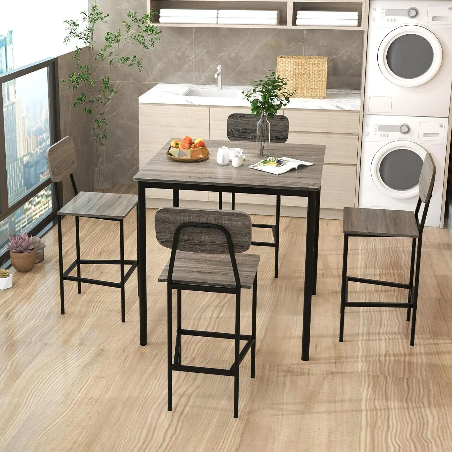 Detailed 5 Piece Counter Height Dining Table Set Black Oak Stools Luxury