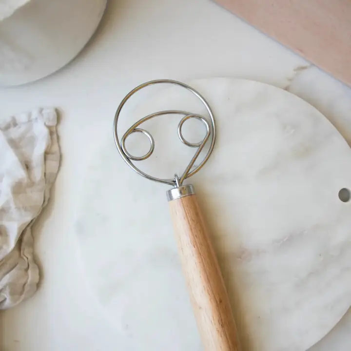 Soft Stainless Steel Dough Whisk with Wooden Handle Detailed
