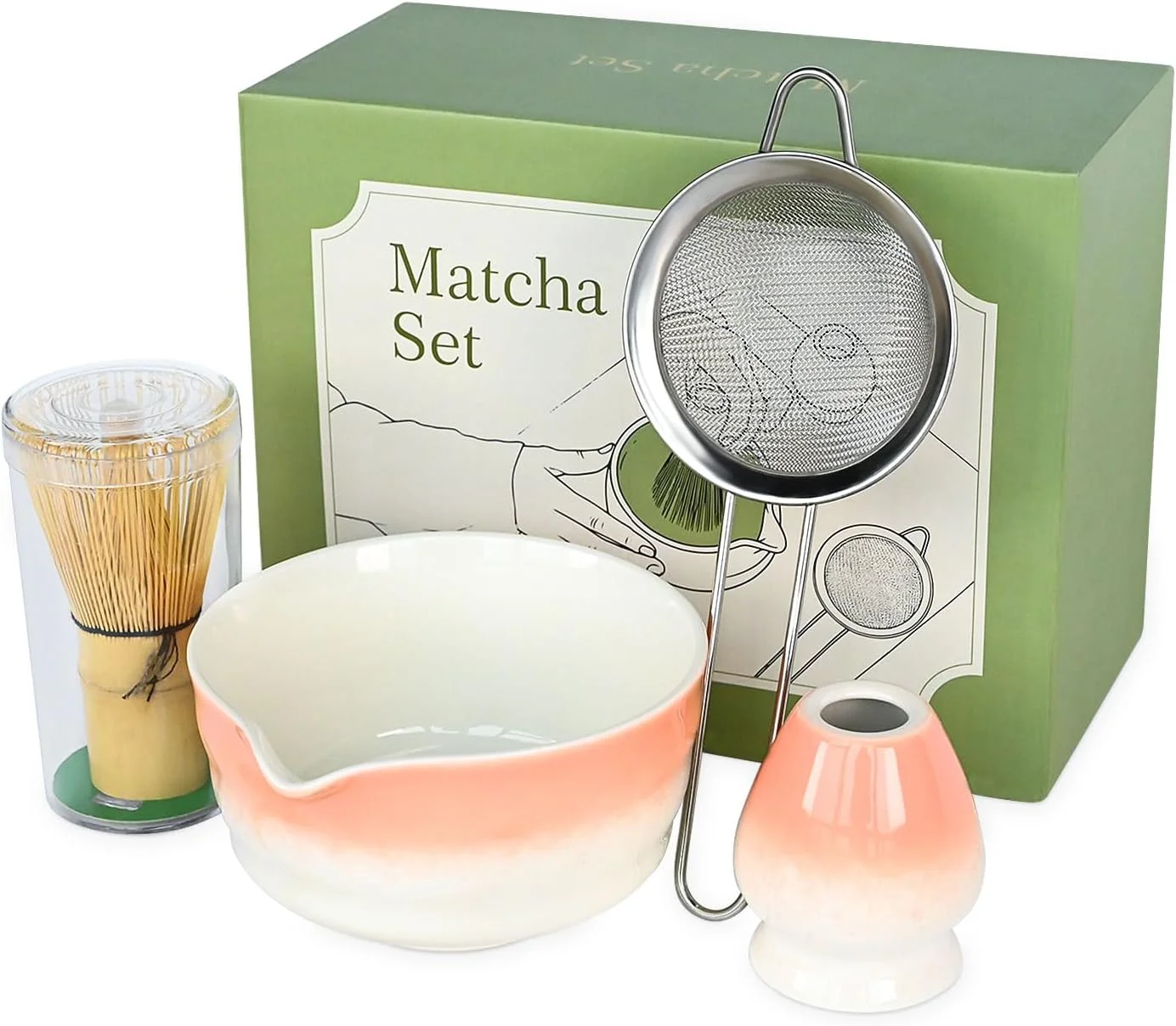 Recyclable Pink Matcha Whisk Making Set – Japanese Tea Kit with Whisk Bowl and Bamboo Scoop Ceramic Chawan with Spout for Traditional Tea Ceremony Complete Matcha Making Tools Gift for Tea Lovers Pink 5 PCS High-Quality