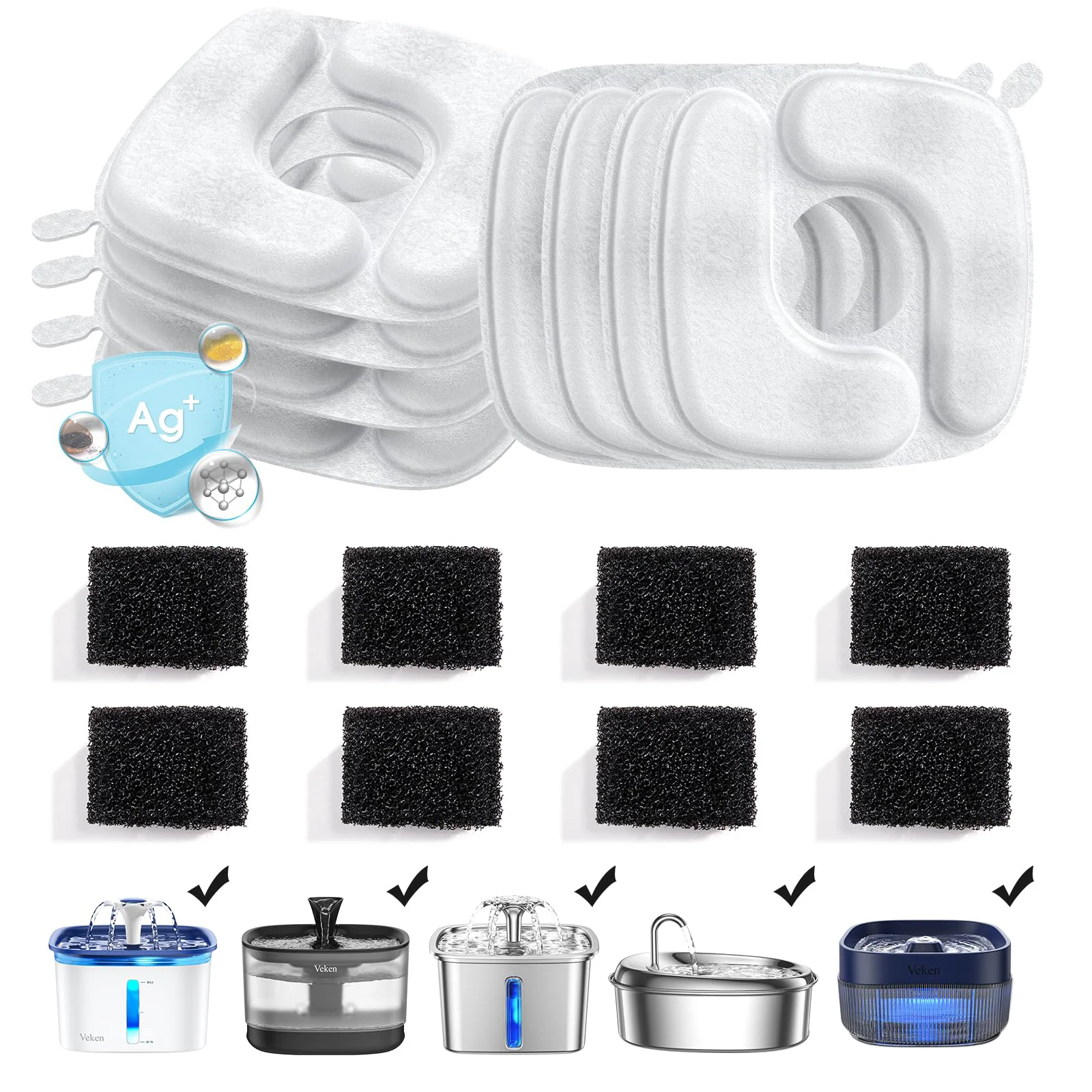 Solid Veken Cat Water Fountain Filters – 8-Pack Filters 8-Pack Pre-Filter Sponges 50oz 84oz 95oz 108oz Clean