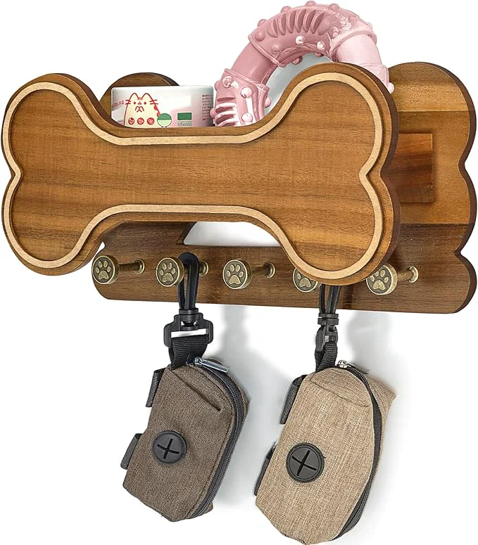 Fashionable MTERSN Decorative Dog Leash Holder for Wall – Bone Key Holder Wall Mount with 5 3D Puppy Paw Hooks Hanging Shelf for Dog Lover – Cute Stuff for Puppy Essentials Acacia About ThisOverview Safe
