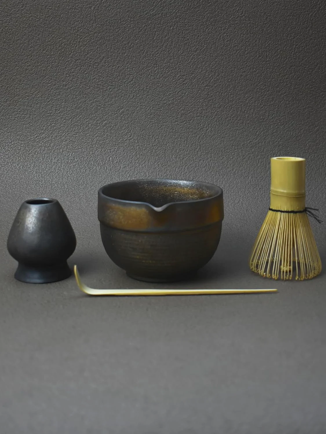 Lightweight Artcome Luxury Matcha Tea Set – 4-Piece Japanese Matcha Kit with Black Rustic Glazed Bowl Spout Bamboo Whisk Holder Scoop Manual Casual