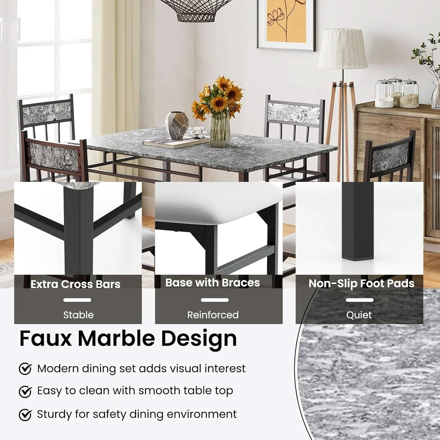 Comfortable Grey Faux Marble Dining Table Set For 4 With Padded Chairs Luxury