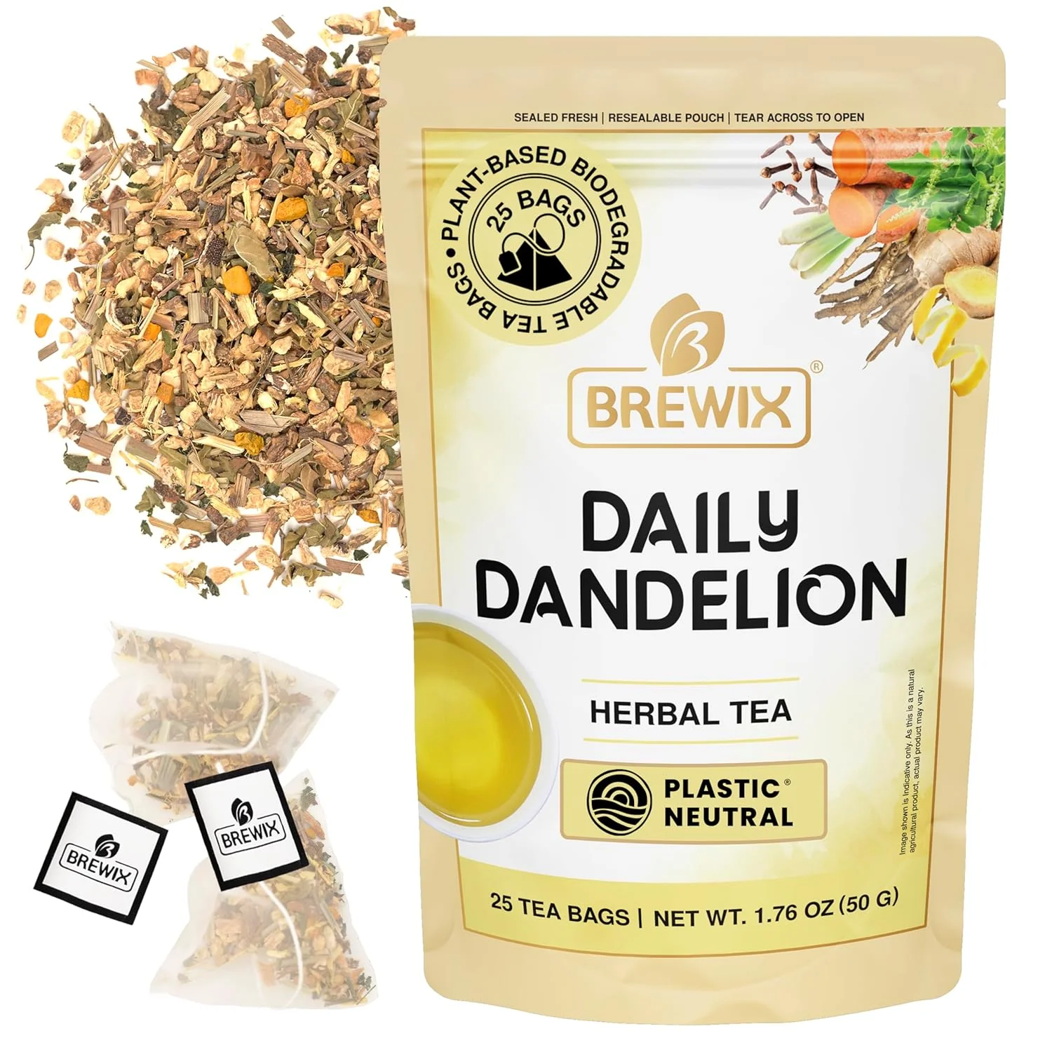 Stylish Brewix Dandelion Root Detox Tea 25 Pyramid Tea Bags Caffeine- Herbal Blend with Ginger Tulsi Turmeric Green