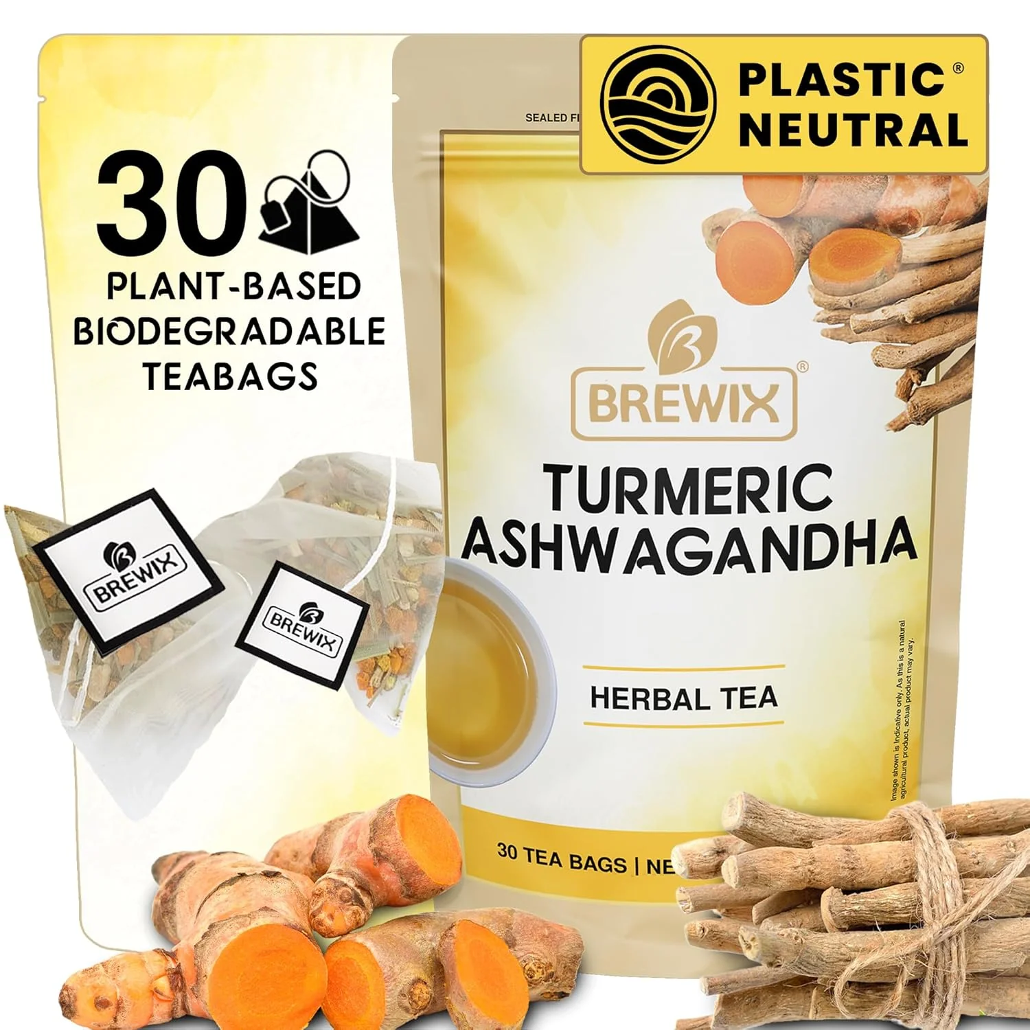 High-Quality Brewix Turmeric Tea with Ashwagandha Root and Black Pepper 30 Plant Based Tea Bags Caffeine- for Relaxation Daily Stress Support Efficient