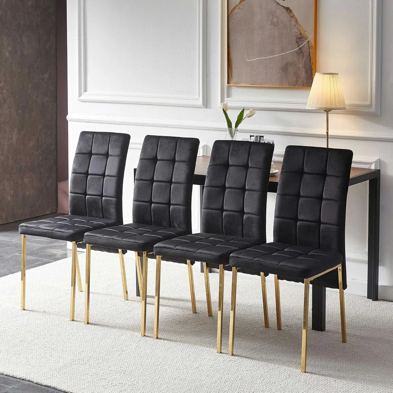 Effective Black Velvet Dining Chairs Set of 4 with Golden Metal Legs Exceptional