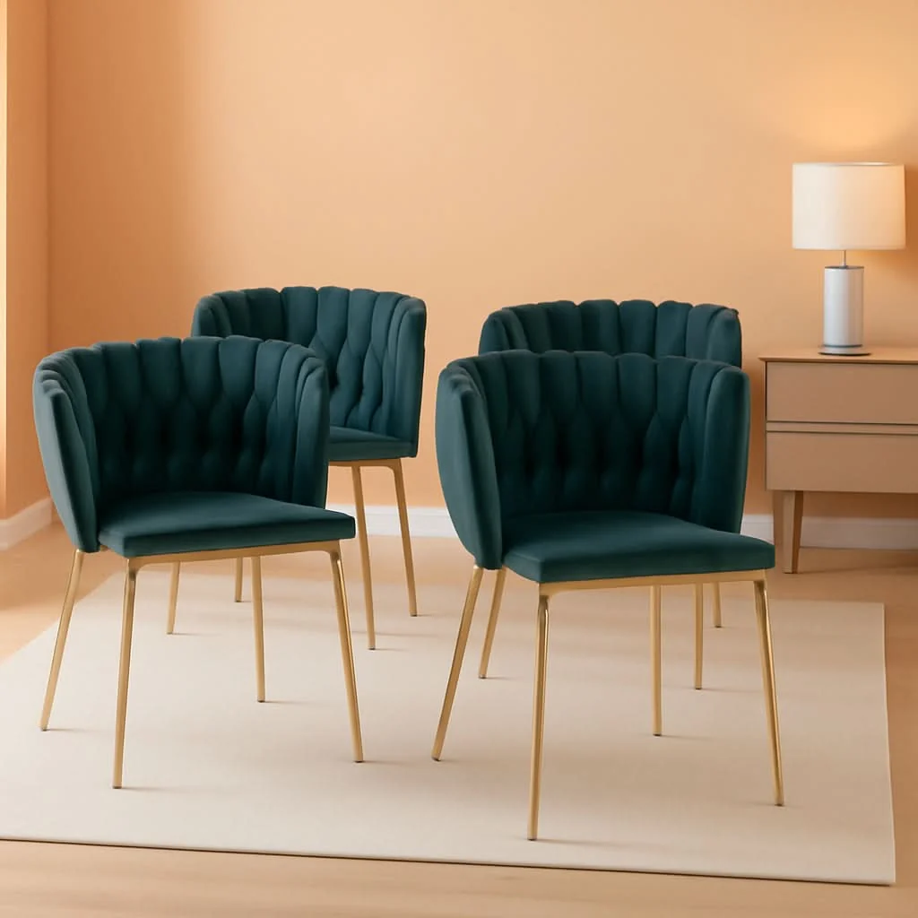 Superior Velvet Dining Chairs Set of 4 With Gold Metal Legs in Green Carefully Designed