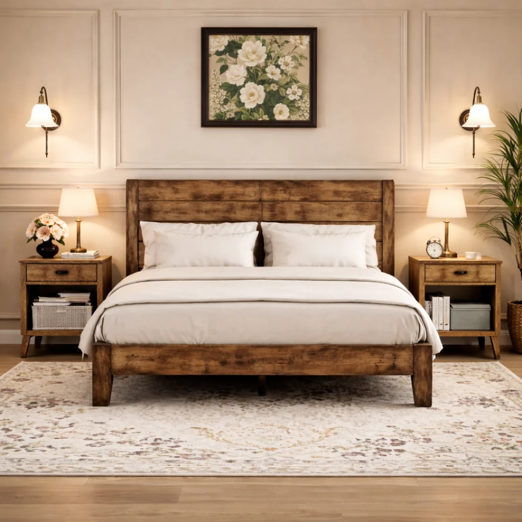 Crafted Full Wood Platform Bed with Headboard and 2 Rustic Nightstands Dark Br Expertly Made