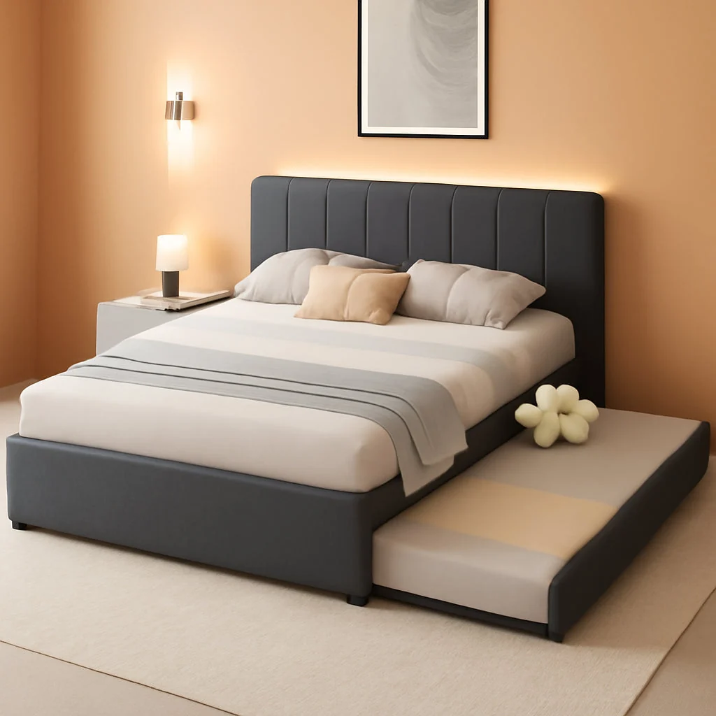 Long-Lasting Queen Size Upholstered Platform Bed Featuring Trundle Optimized