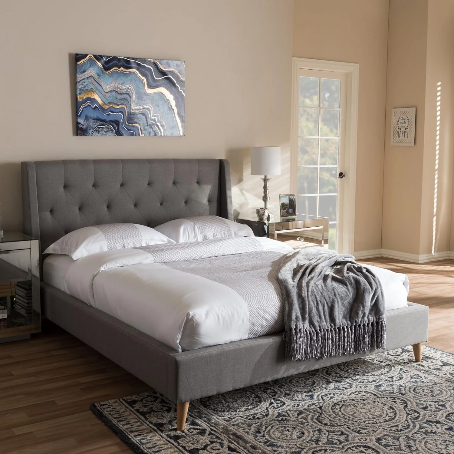 Outstanding King Size Wingback Graphite Grey Upholstered Platform Bed Trusted