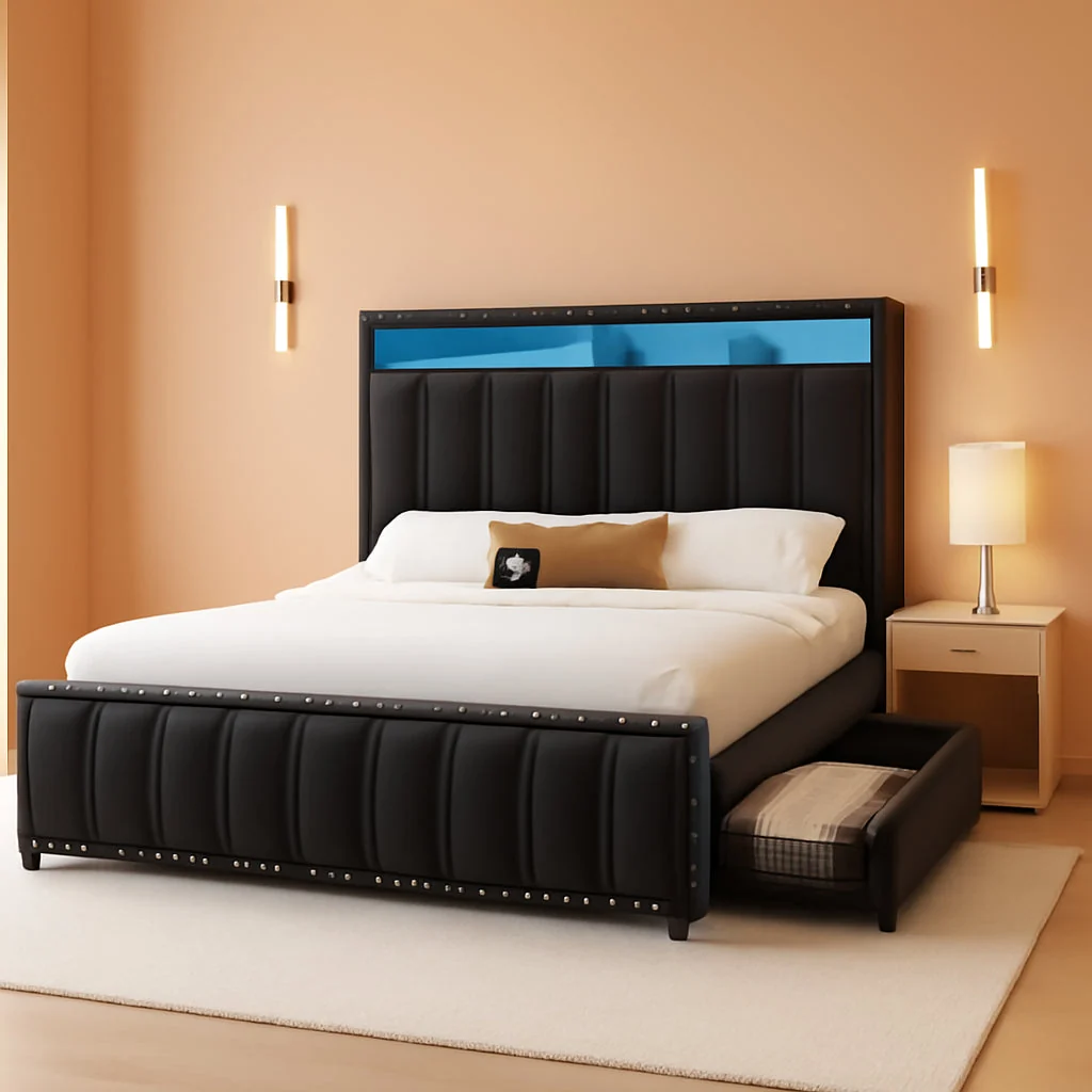 Modern Queen Velvet Upholstered Platform Bed With Drawers High-Grade