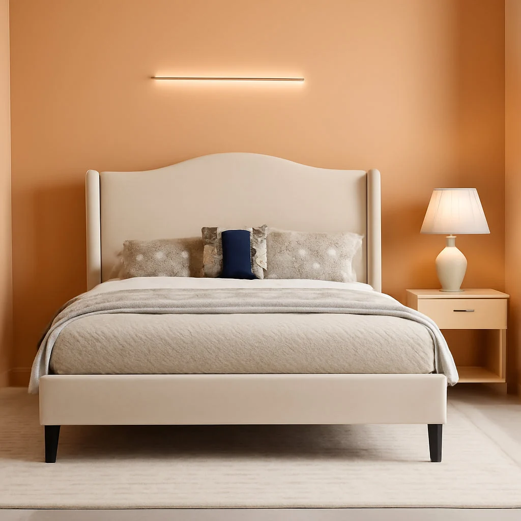 Refined Queen Size Upholstered Platform Bed Beige Wing back Organic