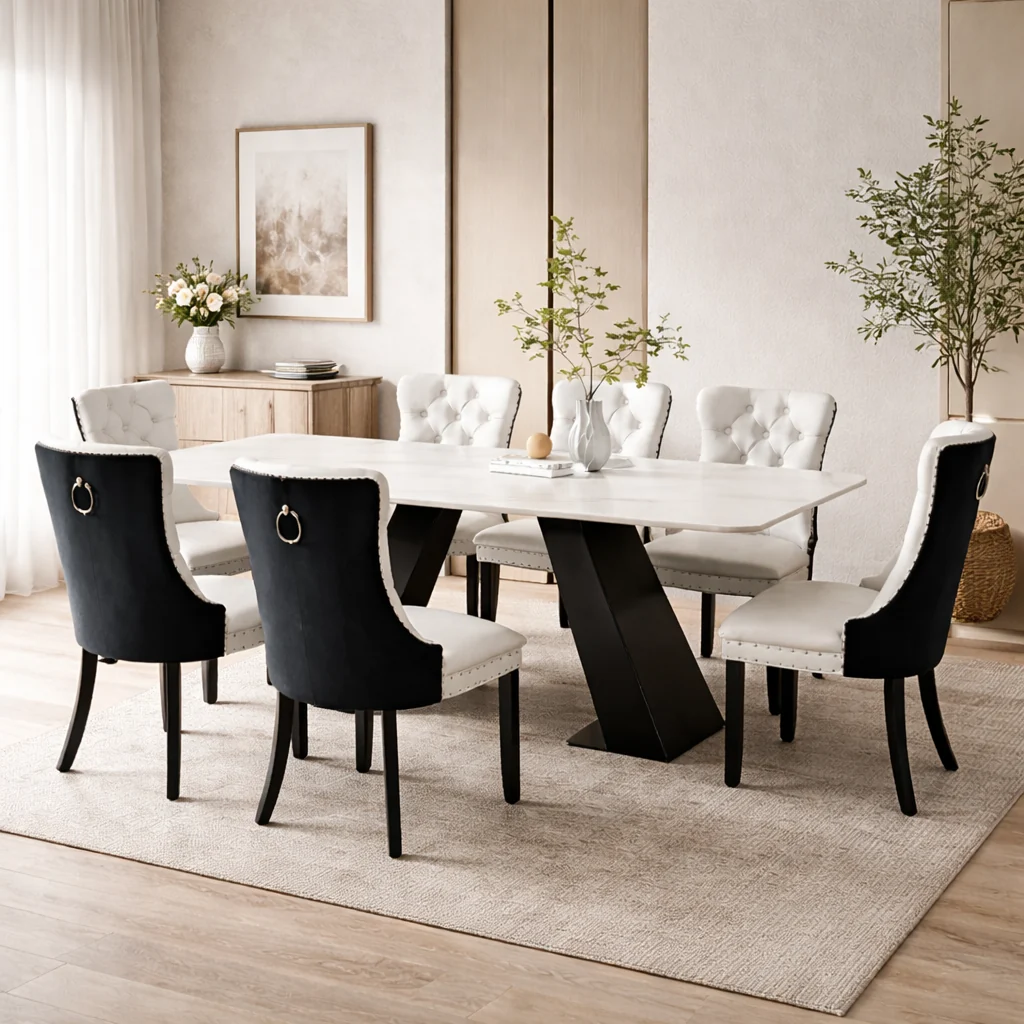 Proven Contemporary White Faux Marble Dining Table with 6 White PU Black Ve Flexible
