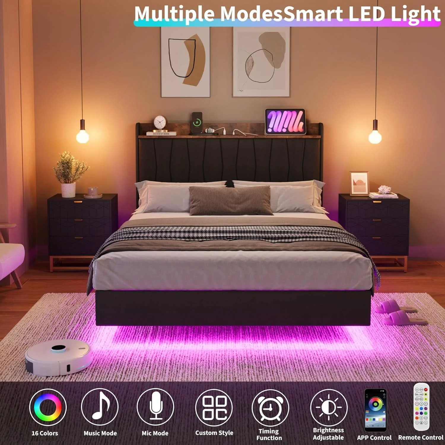 Sustainable Black Floating Full Bed Frame With Storage Headboard Comfortable
