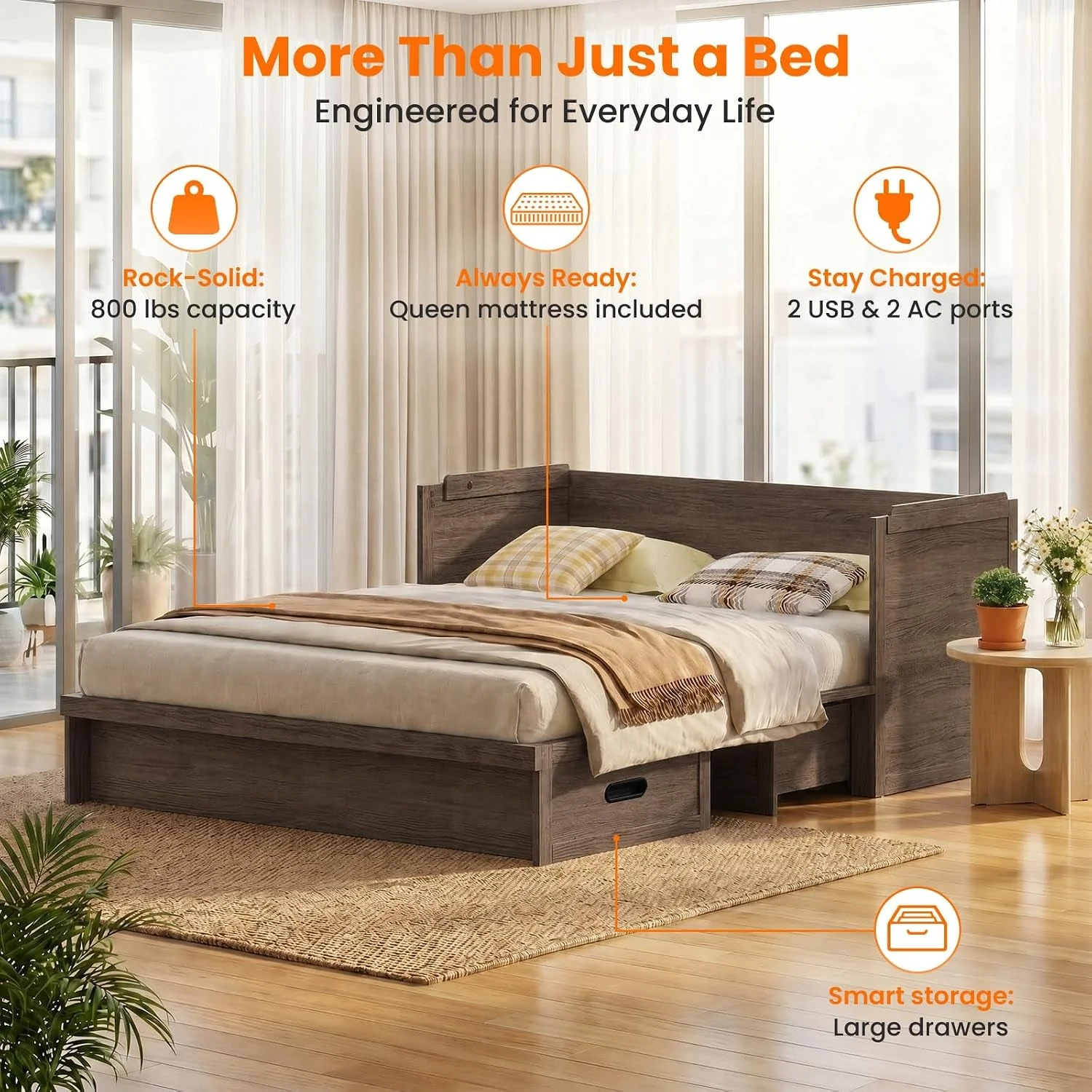 Long-Lasting Murphy Bed Queen Mattress Included Grey Finish Drawer Easy-to-Use
