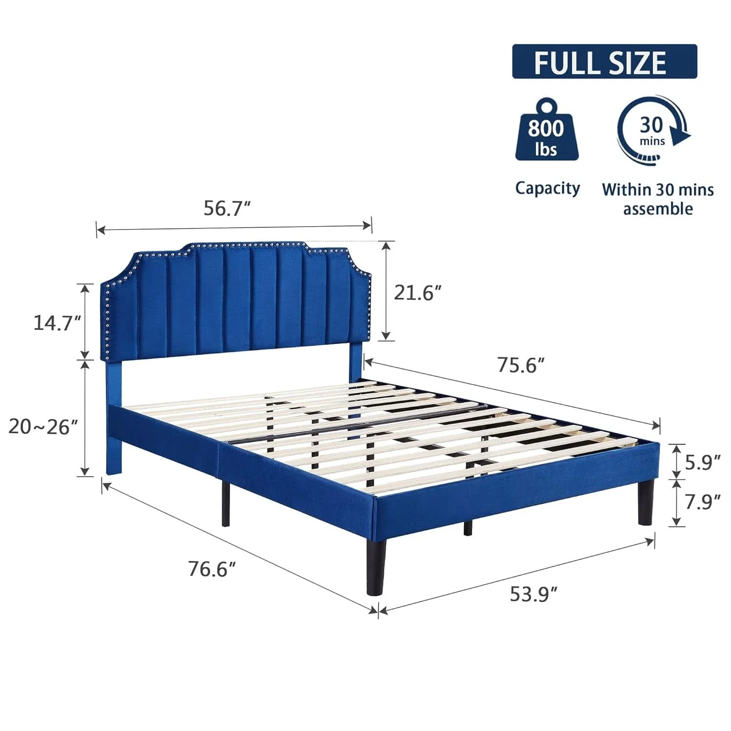 Dependable Full Upholstered Platform Bed Navy Blue Tufted Headboard Fine