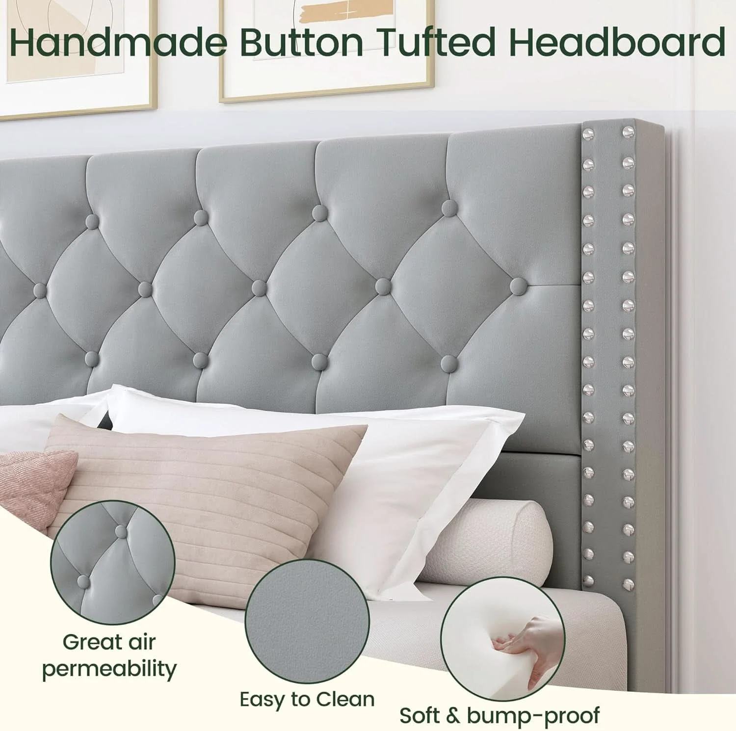 Natural Queen Velvet Grey Upholstered Platform Bed Frame Storage Genuine