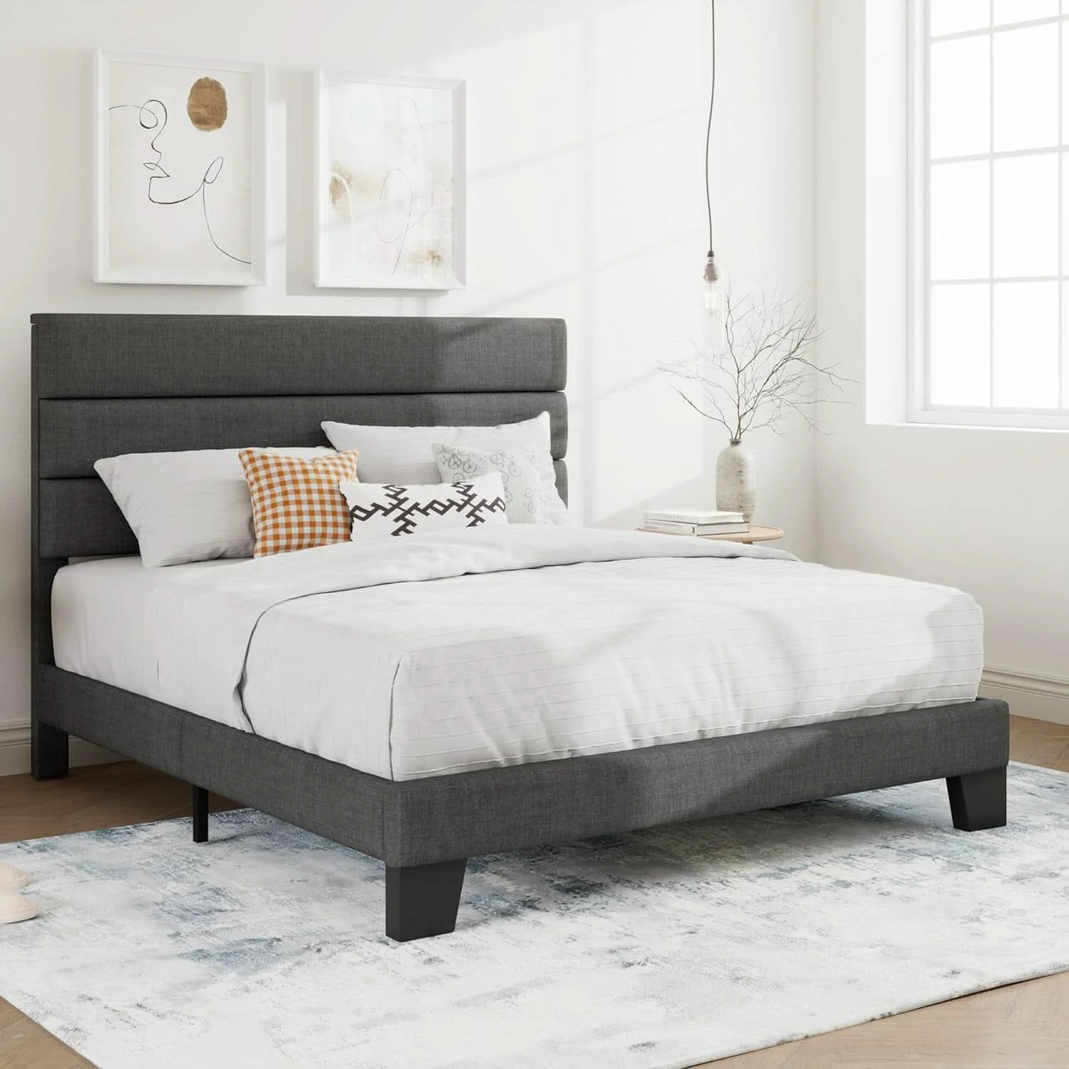 Efficient Full Size Upholstered Bed Frame With Grey Headboard High-End