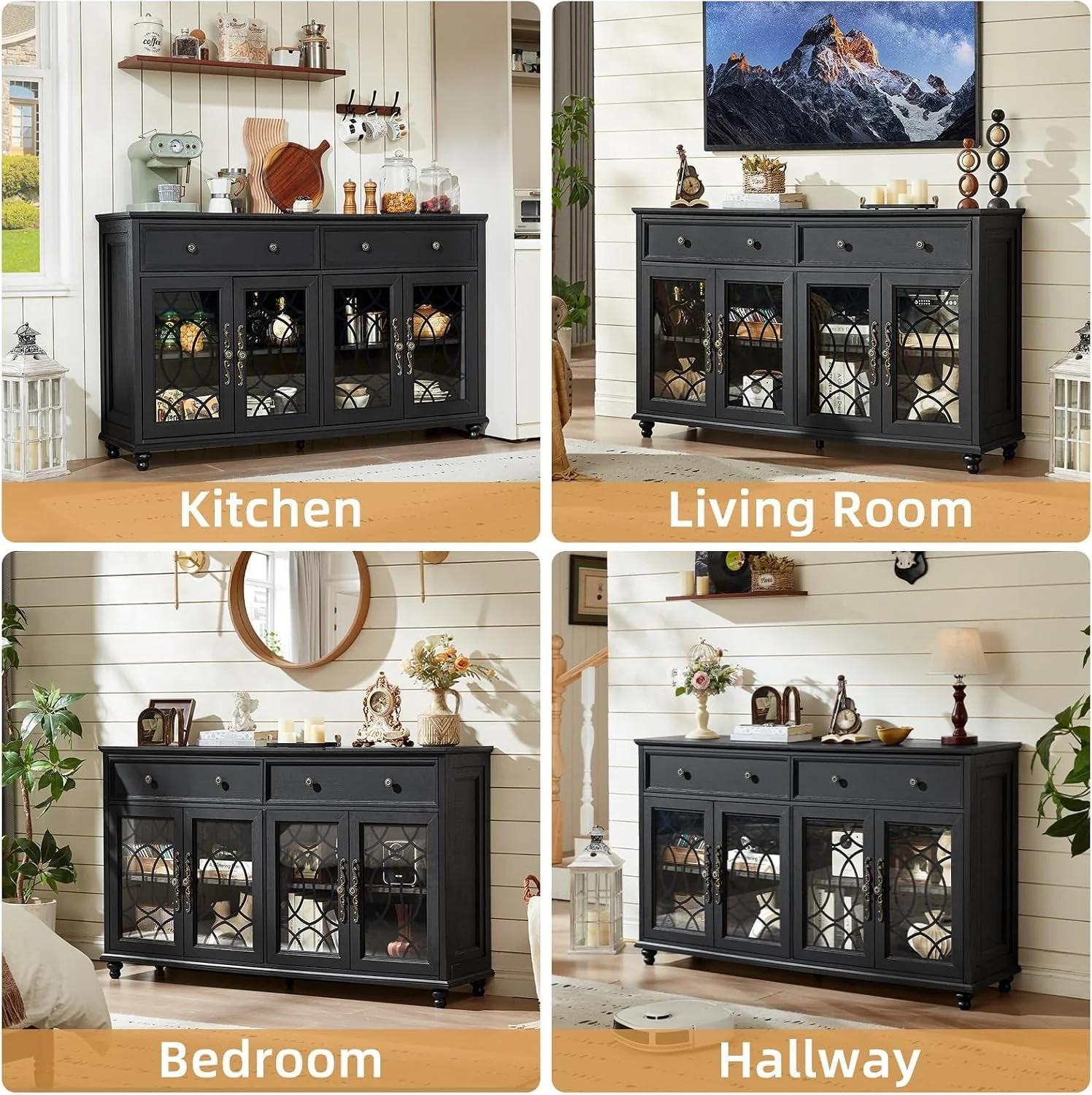 Premium Black Sideboard Buffet Cabinet With Adjustable Shelves Minimalist